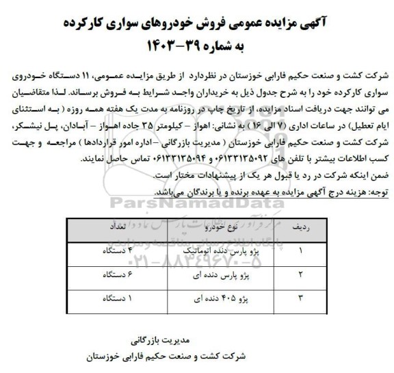 مزایده عمومی فروش خودروهای سواری کارکرده
