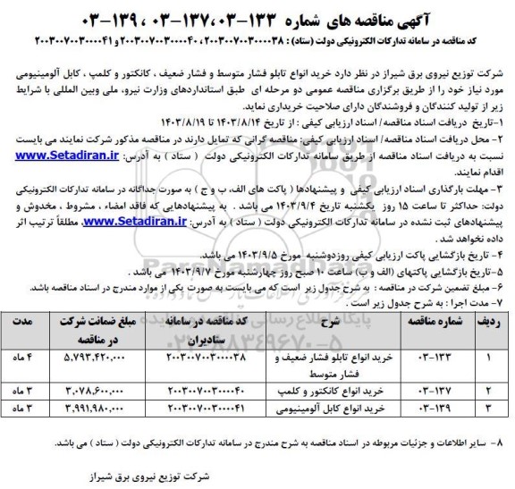 مناقصه خرید انواع تابلو فشار متوسط و فشار ضعیف، کانکتور و کلمپ، کابل آلومینیومی 