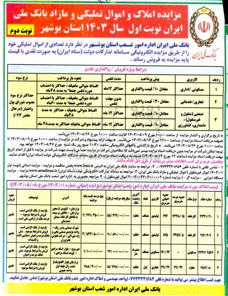 مزایده فروش تعدادی از اموال تملیکی- نوبت دوم