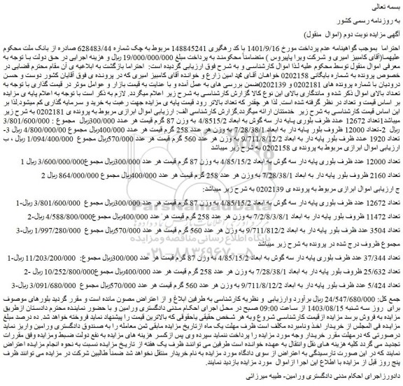 مزایده فروش 1تعداد 12672 عدد ظرف بلوری پایه دار سه گوش به ابعاد 4/8515/2 به وزن 87 گرم و...