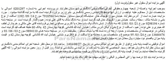 مزایده فروش سه دانگ از شش دانگ یک باب مغازه با کاربری مسکونی تجاری