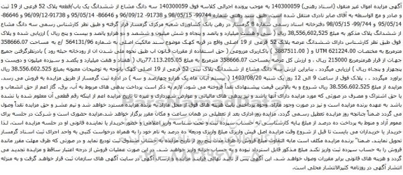 آگهی مزایده سه دانگ مشاع از ششدانگ یک باب/قطعه پلاک 52 فرعی از 19
