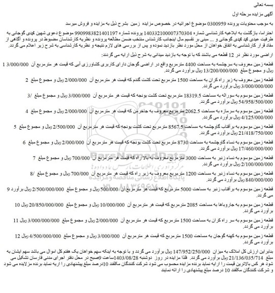 مزایده فروش قطعه زمین معروف به سرچشمه به مساحت 4400 مترمربع