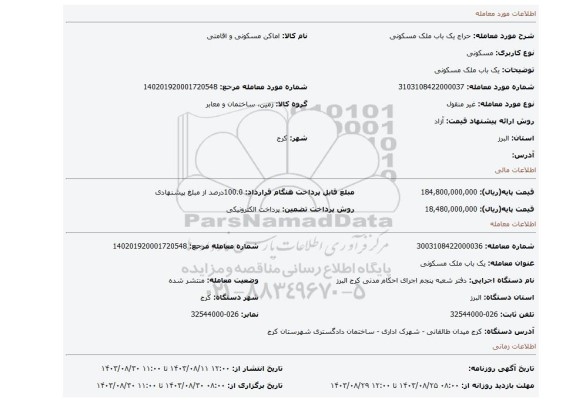 مزایده، یک باب ملک مسکونی