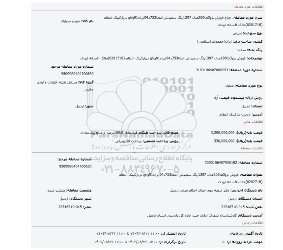 مزایده، فروش  پژو206tu3مدل 1397رنگ سفیدش انتظا753د94ایران91واقع درپارکینک انتظام (0201718)مالک افسانه ایزدی