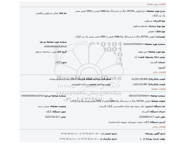 مزایده، فروش %9575 دانگ از ششدانگ پلاک1888 فرعی از 3996 اصلی بخش یک ثبت گرگان