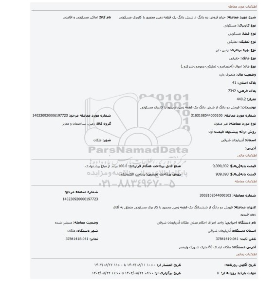 مزایده، فروش دو دانگ از شش دانگ یک قطعه زمین محصور با کاربری مسکونی