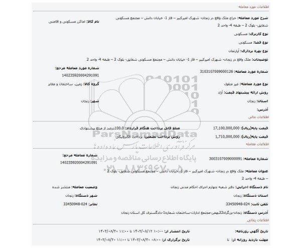 مزایده، ملک وافع در زنجان- شهرک امیرکبیر – فاز 1- خیابان دانش – مجتمع مسکونی شقایق- بلوک 2 – طبقه 4- واحد 2