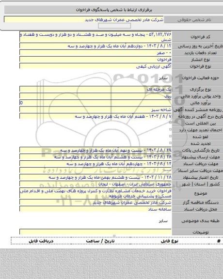 مناقصه, فراخوان خرید خدمات مشاوره نظارت و کنترل پروژه های نهضت ملی و اقدام ملی مسکن و پشتیبانی خدمات مربوطه