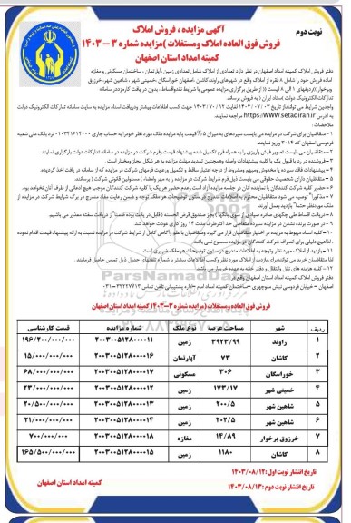 تجدید مزایده فروش 8 فقره از املاک ملک شامل زمین، آپارتمان، مسکونی، مغازه - نوبت دوم