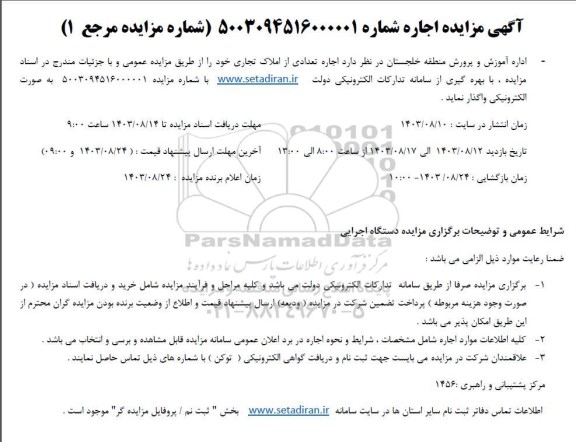 مزایده اجاره تعدادی از املاک تجاری