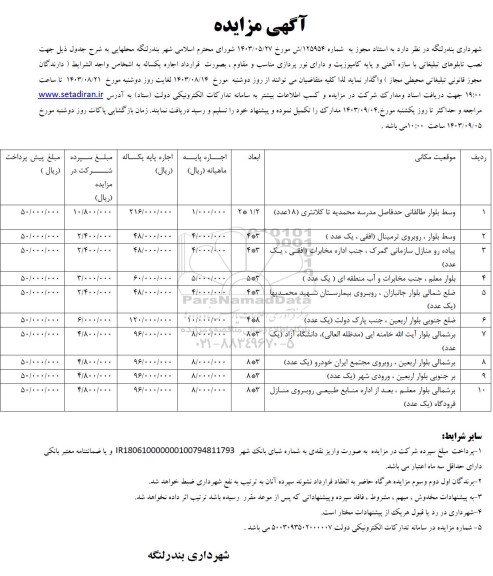 مزایده نصب تابلوهای تبلیغاتی با سازه آهنی و پایه کامپوزیت و دارای نور پردازی مناسب و مقاوم