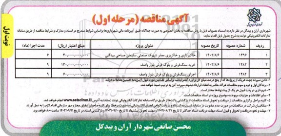 مناقصه خاکبرداری و خاکریزی معابر شهرک صنعتی سلیمان صباحی بیدگلی ...