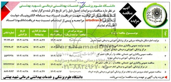 مزایده و مناقصه عمومی اجاره مکان داروخانه سرپایی...