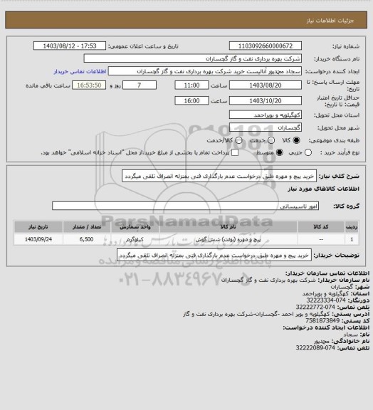 استعلام خرید پیچ و مهره طبق درخواست عدم بارگذاری فنی بمنزله انصراف تلقی میگردد
