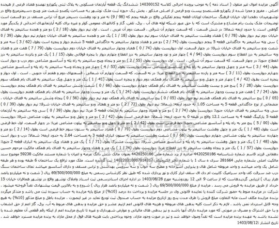 آگهی مزایده ششدانگ یک قطعه آپارتمان مسکونی به پلاک ثبتی یکهزارو نهصدو هفتاد فرعی از هیجده اصلی