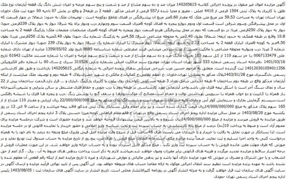 آگهی مزایده میزان صد و ده سهم مشاع از صد و شصت و پنج سهم عرصه و اعیان شش دانگ یک قطعه آپارتمان نوع ملک طلق با کاربری به پلاک ثبتی 1504 فرعی از 4410 اصلی