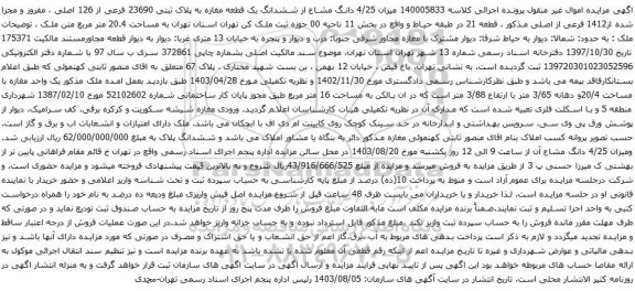 آگهی مزایده  میزان 4/25 دانگ مشاع از ششدانگ یک قطعه مغازه به پلاک ثبتی 23690 فرعی از 126 اصلی ، مفروز و مجزا شده از1412 فرعی از اصلی