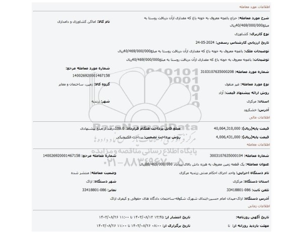 مزایده، باغچه معروف به خونه باغ که مقداری ازآن دربافت روستا به مبلغ40/469/000/000ریال