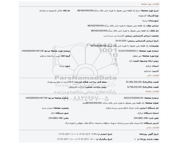 مزایده، یک قطعه زمین معروف به هرزه داش بالای بندآباد88/465/000/000
