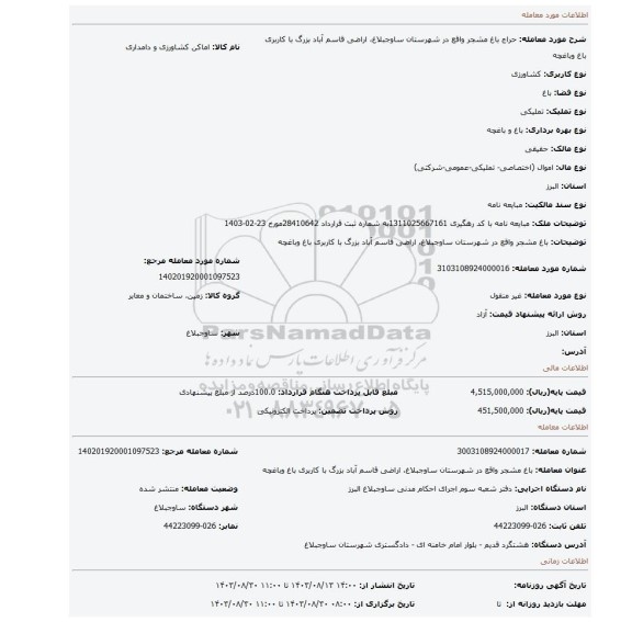 مزایده، باغ مشجر واقع در شهرستان ساوجبلاغ، اراضی قاسم آباد بزرگ با کاربری باغ وباغچه