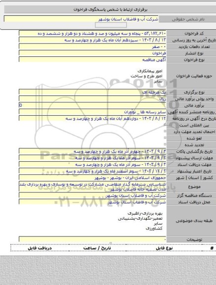 مناقصه, شناسایی سرمایه گذار متقاضی مشارکت در توسعه و نوسازی و بهره برداری بلند مدت تصفیه خانه فاضلاب بوشهر