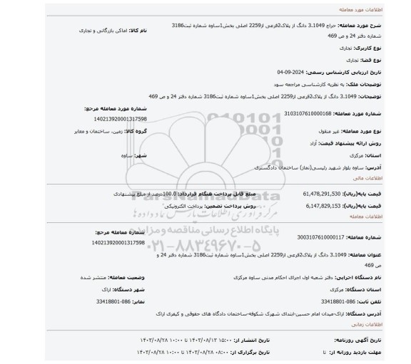 مزایده، 3.1049 دانگ از پلاک2فرعی از2259 اصلی بخش1ساوه شماره ثبت3186 شماره دفتر 24 و ص 469