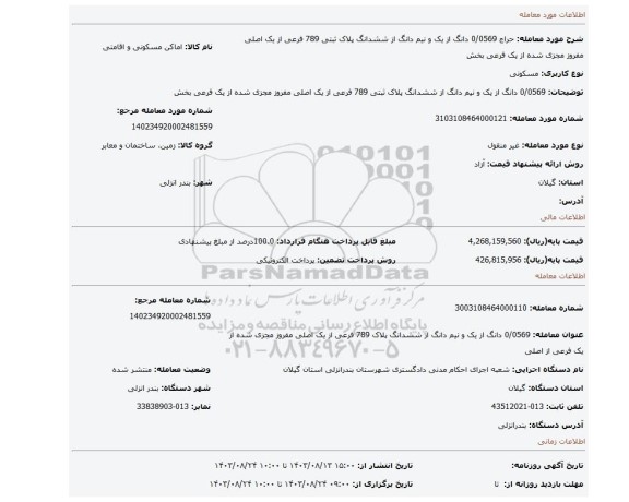 مزایده، 0/0569 دانگ از یک و نیم دانگ از ششدانگ پلاک ثبتی 789 فرعی از یک اصلی مفروز مجزی شده از یک فرعی بخش