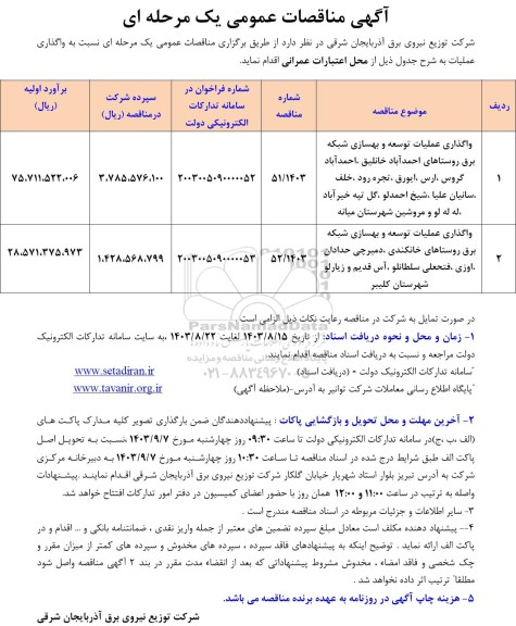 مناقصه واگذاری عملیات توسعه و بهسازی شبکه برق روستاهای...