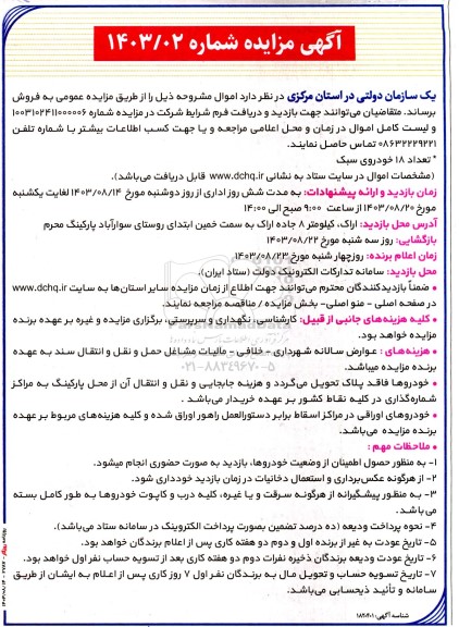 مزایده تعداد 18 خودروی سبک
