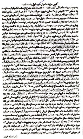 مزایده سه دانگ مشاع از ششدانگ یکباب مغازه