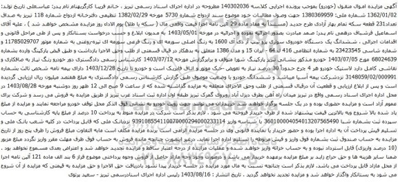 آگهی مزایده ششدانگ یک دستگاه خودروی سواری پژو تیپ آر دی آی 1600 