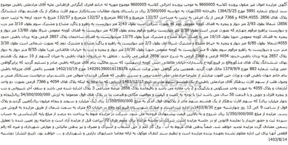 آگهی مزایده ششدانگ پلاک های 2856 ،4054،4055 و 7366 فرعی از یک اصلی به ترتیب به مساحت 132/57 مترمربع