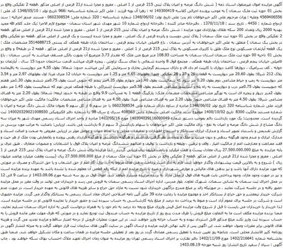 آگهی مزایده شش دانگ عرصه و اعیان پلاک ثبتی 215 فرعی از 1 اصلی ، مفروز و مجزا شده از21 فرعی از اصلی