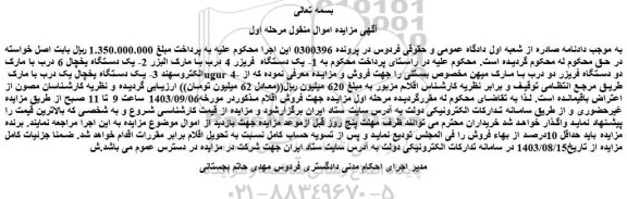 مزایده فروش 1- یک دستگاه فریزر 4 درب با مارک البزر و...