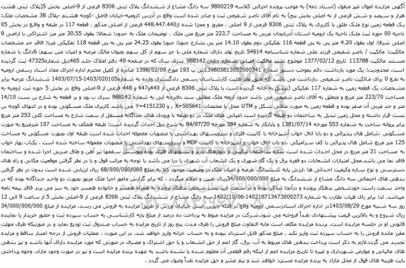آگهی مزایده سه دانگ مشاع از ششدانگ پلاک ثبتی 8306 فرعی از 9-اصلی بخش 5