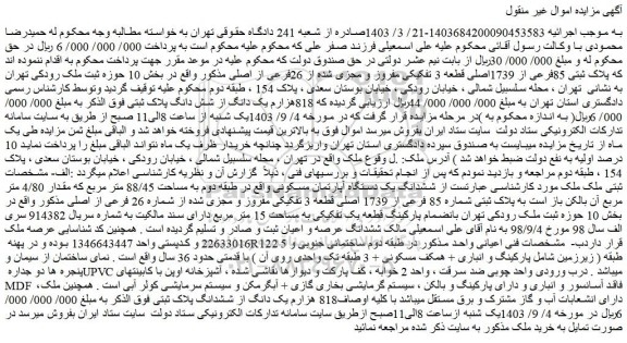 مزایده فروش پلاک ثبتی 85فرعی از 1739اصلی قطعه 3 تفکیکی مفروز و مجزی شده از 26فرعی از اصلی 