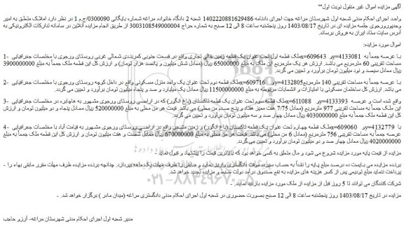 مزایده فروش ملک قطعه اول تحت عنوان یک قطعه زمین خالی تجاری