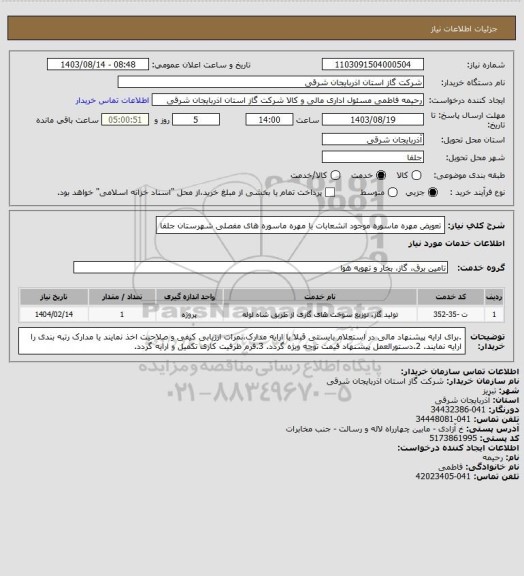 استعلام تعویض مهره ماسوره موجود انشعابات با مهره ماسوره های مفصلی شهرستان جلفا