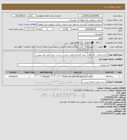 استعلام انجام عملیات ساختمانی جهت افزایش ظرفیت ترانس  در پست سپنتا طبق آنالیز پیوست.