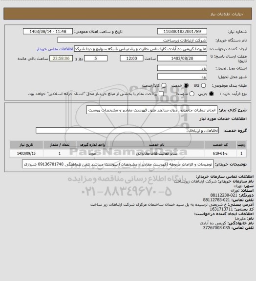 استعلام انجام عملیات جابجایی دیزل ساغند طبق فهرست مقادیر  و مشخصات پیوست