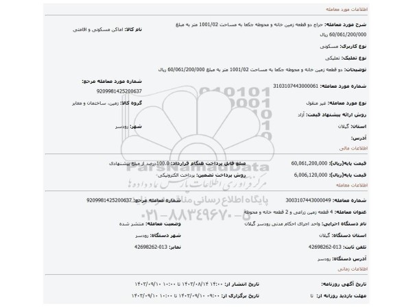مزایده، دو قطعه زمین خانه و محوطه جکعا به مساحت 1001/02 متر به مبلغ 60/061/200/000 ریال