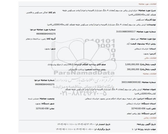 مزایده، ارزش ریالی دو سوم (معادل 4 دانگ مشاع از 6عرصه و اعیان) واحد مسکونی طبقه همکف کلاسه0200145ش4اجرا