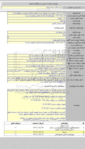 مناقصه, تهیه مصالح واجرای ۳۰۰۰۰متر گسترش شبکه،اجراونصب ۲۰۰۰انشعاب کرمان و اجراونصب۵۰۰انشعاب شهرستان کرمان