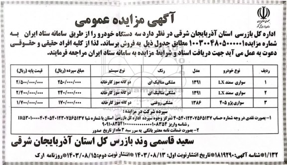 مزایده سه دستگاه خودرو سمند و پژو 405- نوبت دوم