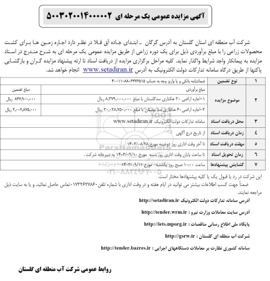 مزایده اجاره زمین ها برای کشت محصولات زراعی - نوبت دوم