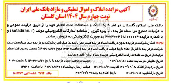 مزایده املاک و اموال تملیکی و مازاد نوبت چهارم 