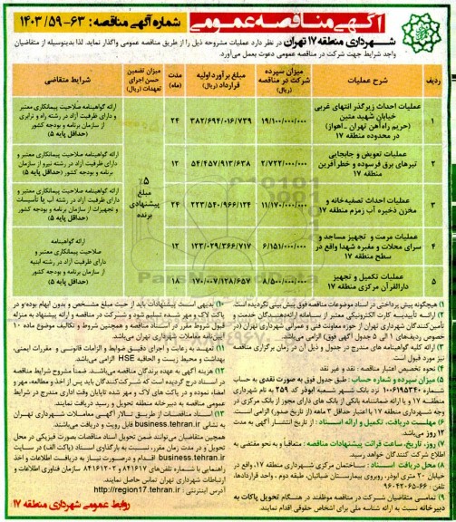 مناقصه عملیات احداث زیرگذر انتهای غربی خیابان شهید متین...