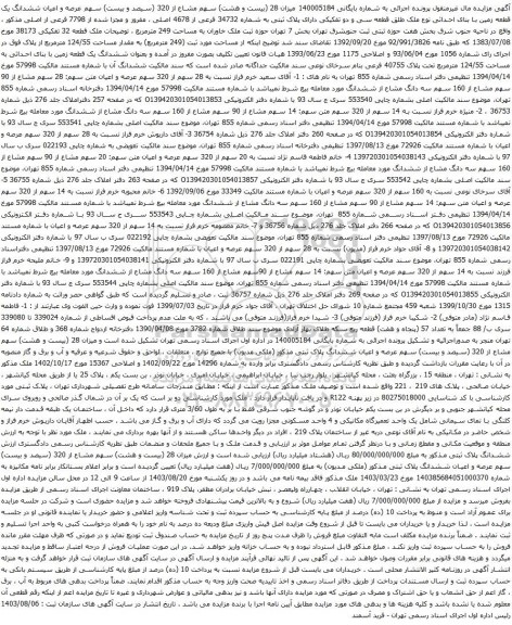 آگهی مزایده میزان 28 (بیست و هشت) سهم مشاع از 320 (سیصد و بیست) سهم عرصه و اعیان ششدانگ یک قطعه زمین