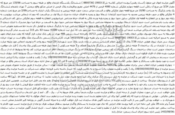 آگهی مزایده ششدانگ یکدستگاه اپارتمان واقع در طبقه سوم به مساحت 135/66 متر مرب